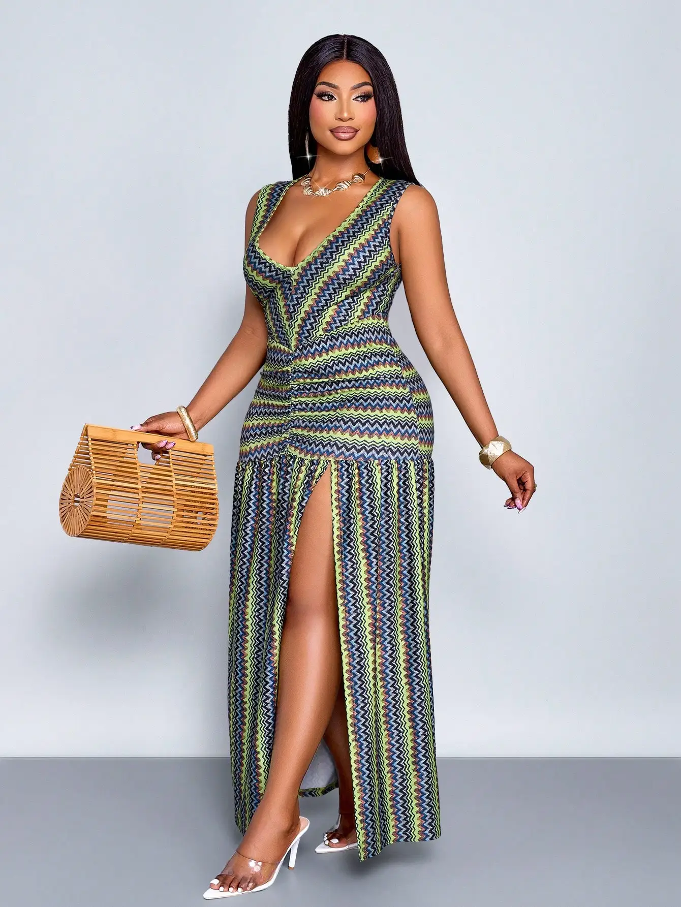 

V-Neck High Slit Maxi Dress With Zigzag Print, Elastic Waist, Pleated Wide Leg For Plus Size Women Spring Summer Beach Vacation