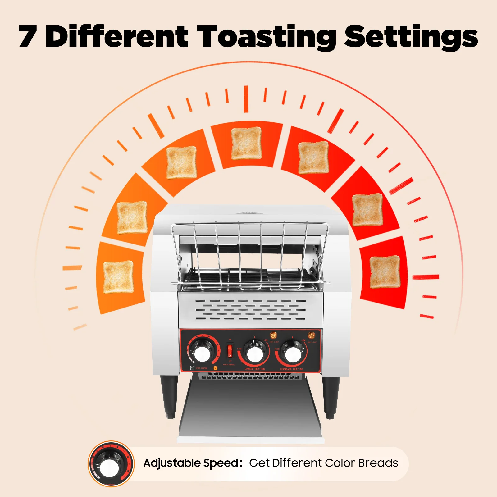 Commercial Conveyor Toaster 300 Slices Per Hour Stainless Steel Dual Heating Tubes 7 Speed Adjustable for Bakery Cafe Restaurant