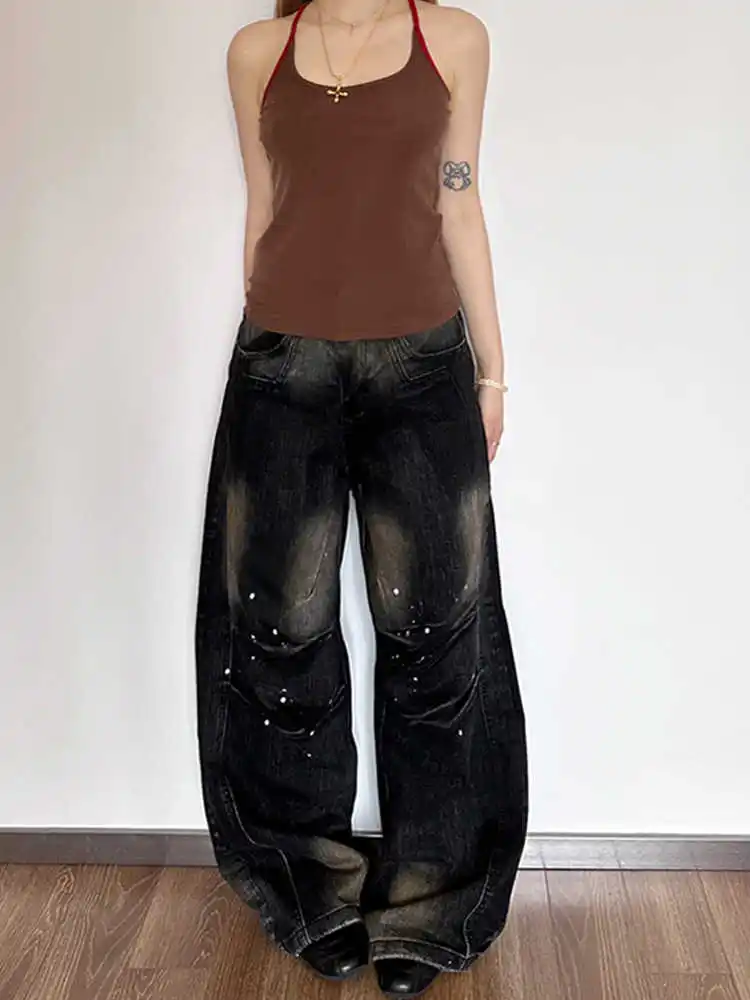 

Vintage Black High Waist Women Jeans American Fashion Streetwear Wide Leg Jean Female Denim Trouser Straight Stripe Denim Pants