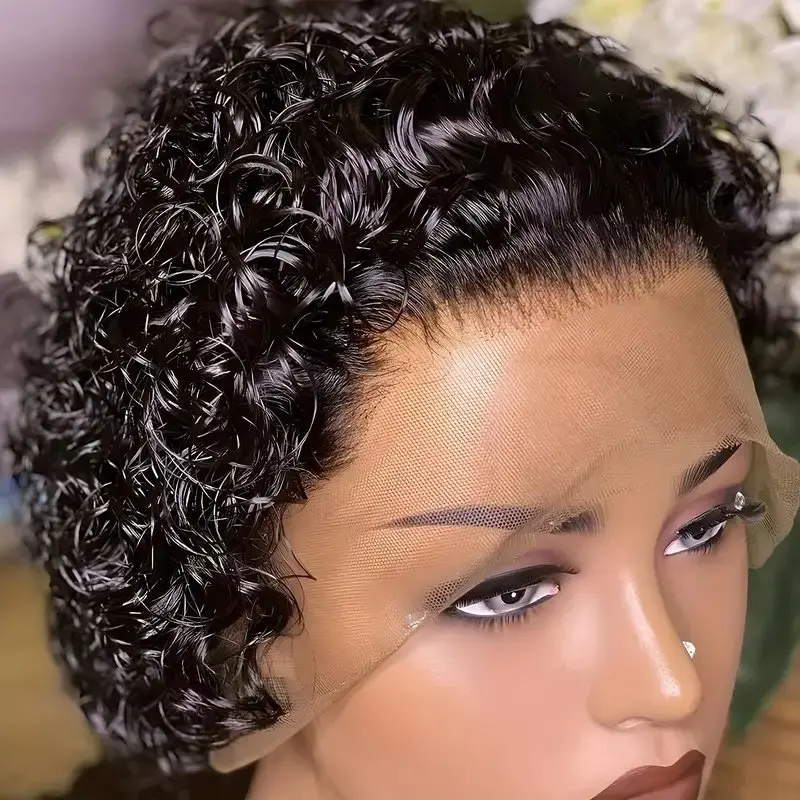 Perruque courte coupe Pixie pour femme, cheveux humains Remy brésiliens, vague bouclée avec devant en dentelle, densité 180%, 13x1