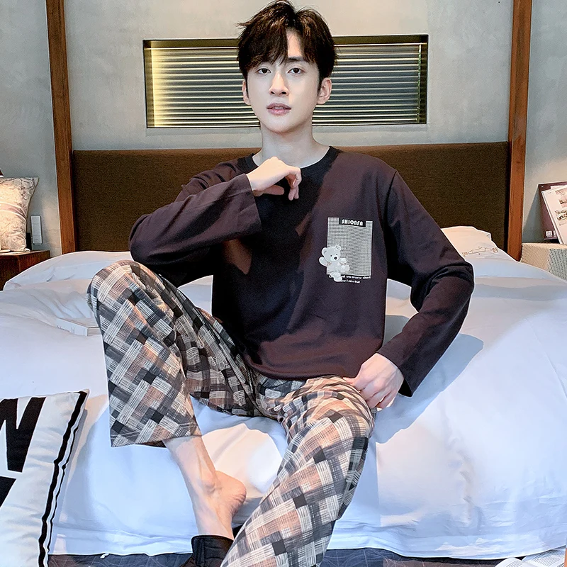Men's Sleepwear Fashion Printing Home Suit Full Cotton Pyjamas For Man Spring Autumn New Mens 2 Pcs Round Neck Pajamas Set L-3XL