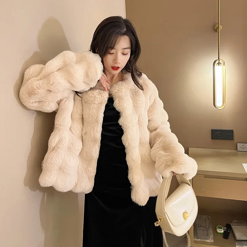 White Fluffy Coat Women's Winter Short Imitation Fur Temperament Plush Collarless Small Short Top for Women