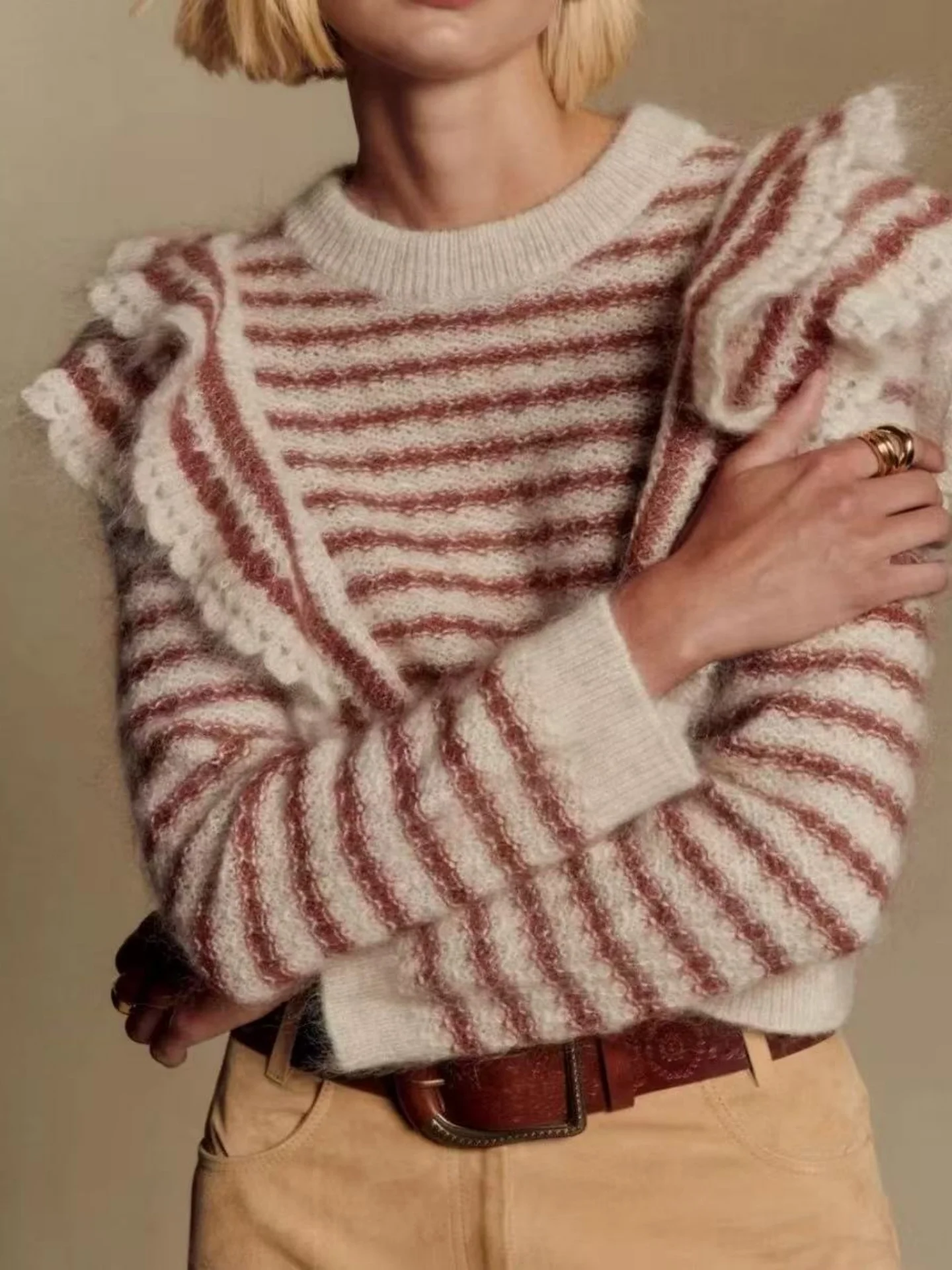 

Long Sve Women's Knitted Sweater Wool Blend Striped Decorative Lace Comfortable Warm Faionable Autumn Winter Top