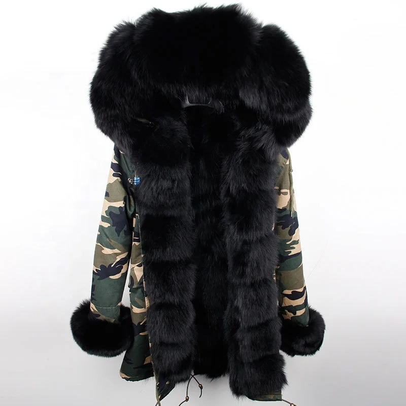 Ladies Parkas Hooded Real Fur Coat Fur Lining Cuff Winter Warm Fashion Luxury Fur Coat Women