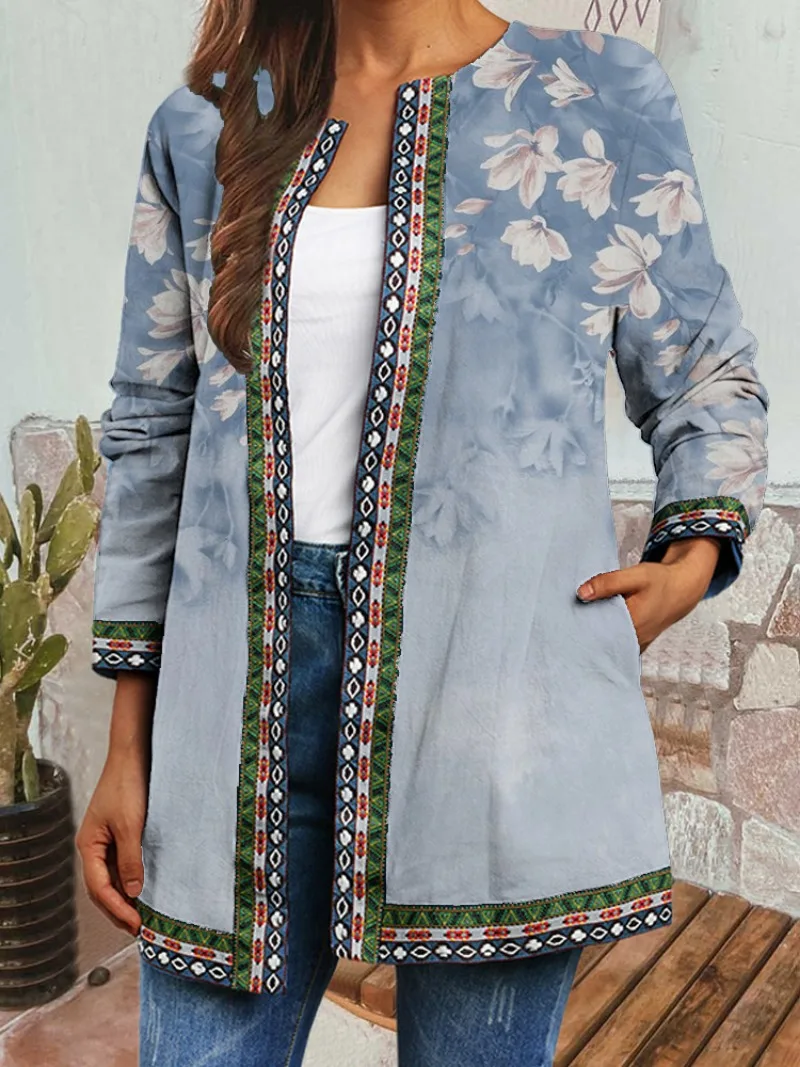 Women\'s Fashion Leisure Retro Ethnic Style Printed Long Sleeved Jacket  Cardigan Women\'s Top