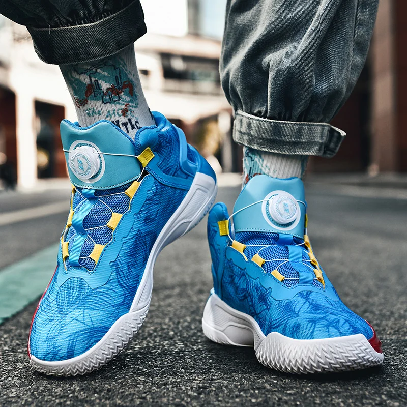 Zapatos de baloncesto profesionales para hombre, botas de baloncesto azules a la moda, zapatillas con hebilla rotativa, zapatos de plataforma para