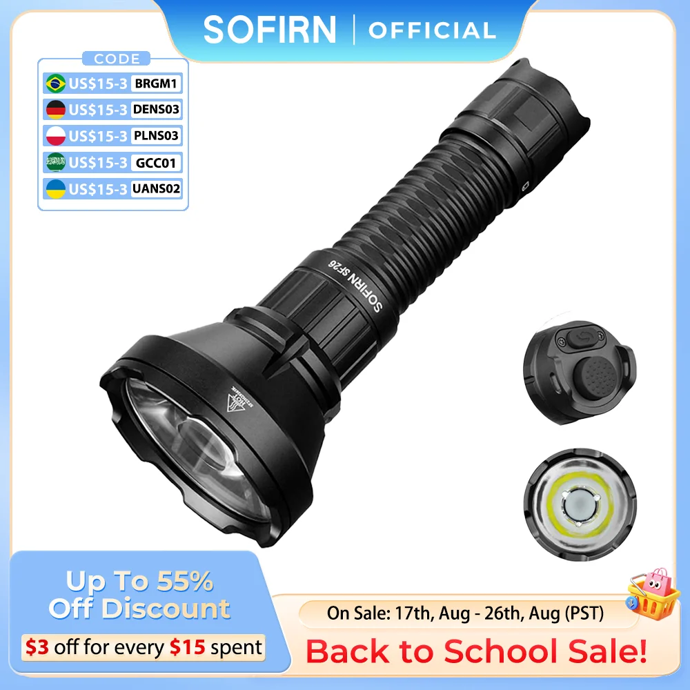 Sofirn Tactical SF26 21700  Flashlight 2000lm 964m Long-Range USB C Rechargeable Torch with Double Tail Switch IPX-8