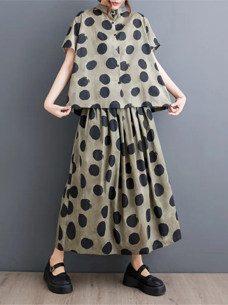 Oversized Polka Dot Print Summer 2 Two Piece Set Women Irregular Casual Fashion Ladies Blouses Loose Ruffle Pleated Woman Skirts