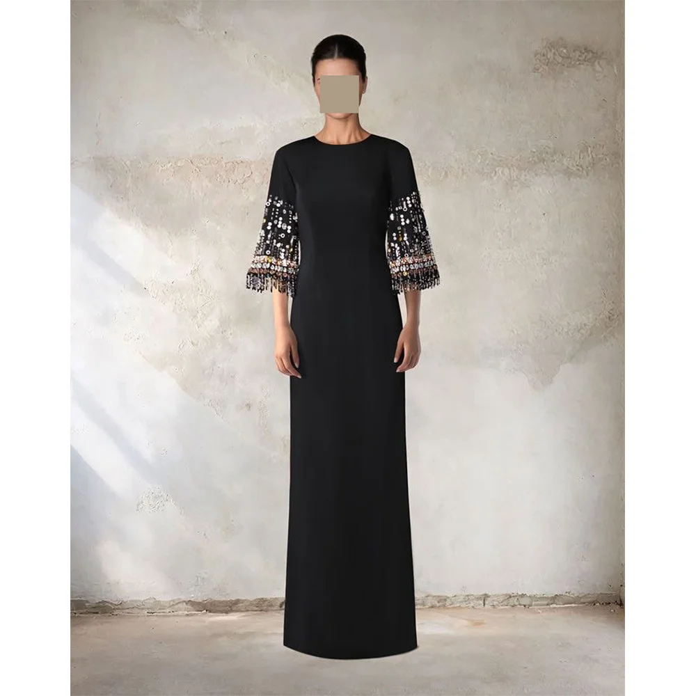 

Customized Elegant Women Evening Dresses Sequin Beads Satin Jewel Neck Sheath After Slit Floor Length Prom Party Luxurious