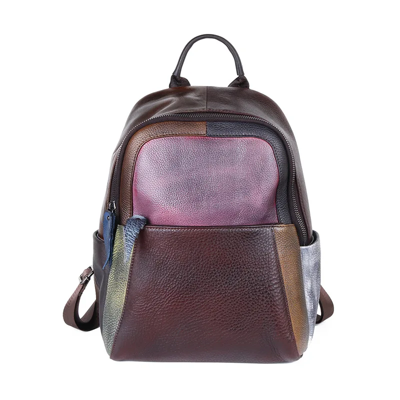 Patchwork Woman Genuine Leather Backpack Vintage Real Cow Leather Travel Backpacks Casual Fashion Ladies Double Shouder Bag