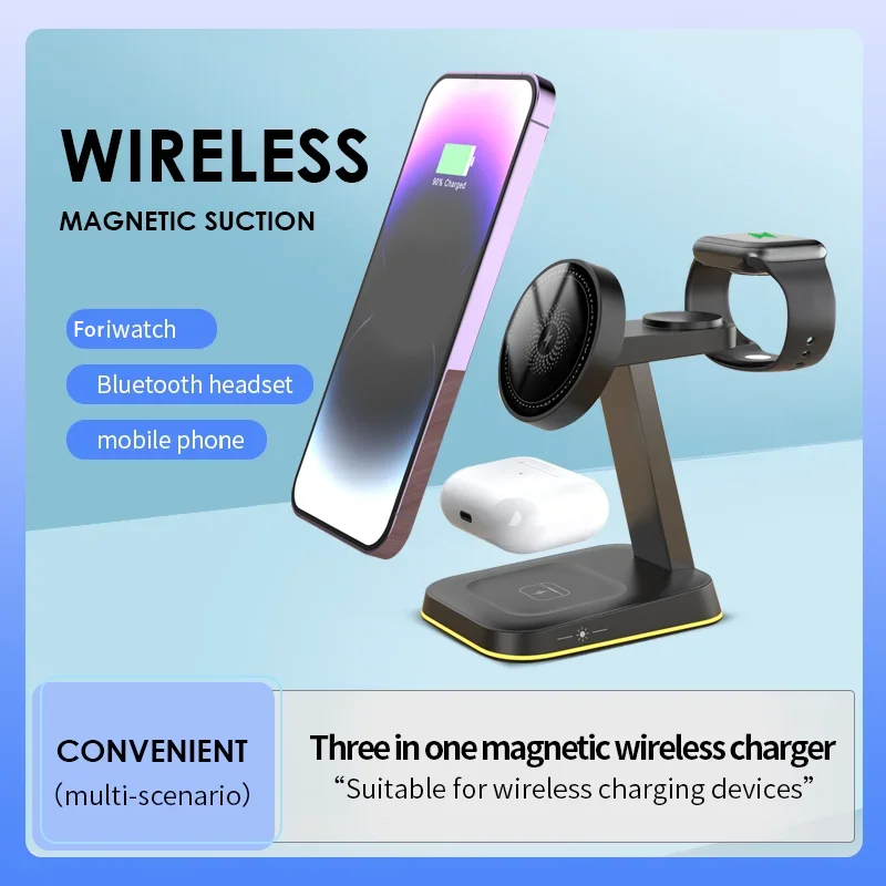 แท่นชาร์จไร้สายแบบแม่เหล็ก3 in 1ไฟ LED แท่นชาร์จเร็วสำหรับ iPhone 15 14 13 12 PRO MAX Apple Watch airpods