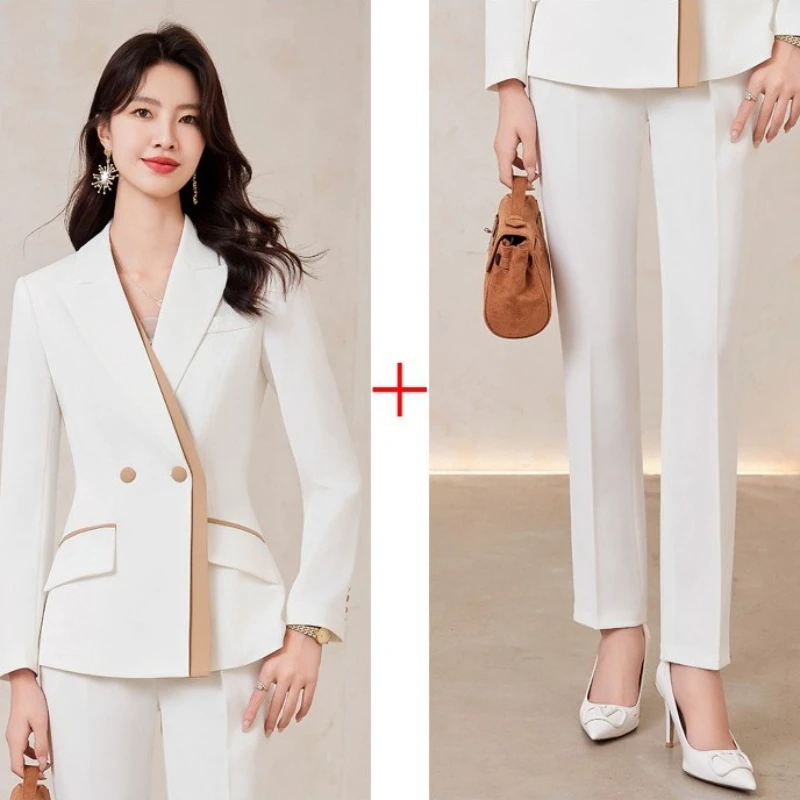 2025 dames Blazer et pantalon costume mode rose blanc Blazer femmes bureau affaires travail veste manteau pantalon femme 2 pièces ensemble