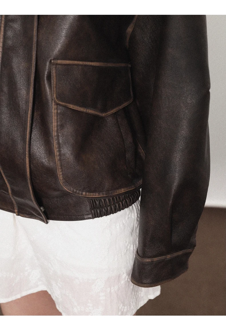 Lautaro Spring Autumn Cool Handsome Soft Vintage Distressed Brown Pu Leather Jacket Women Long Sleeve Luxury Designer Clothing