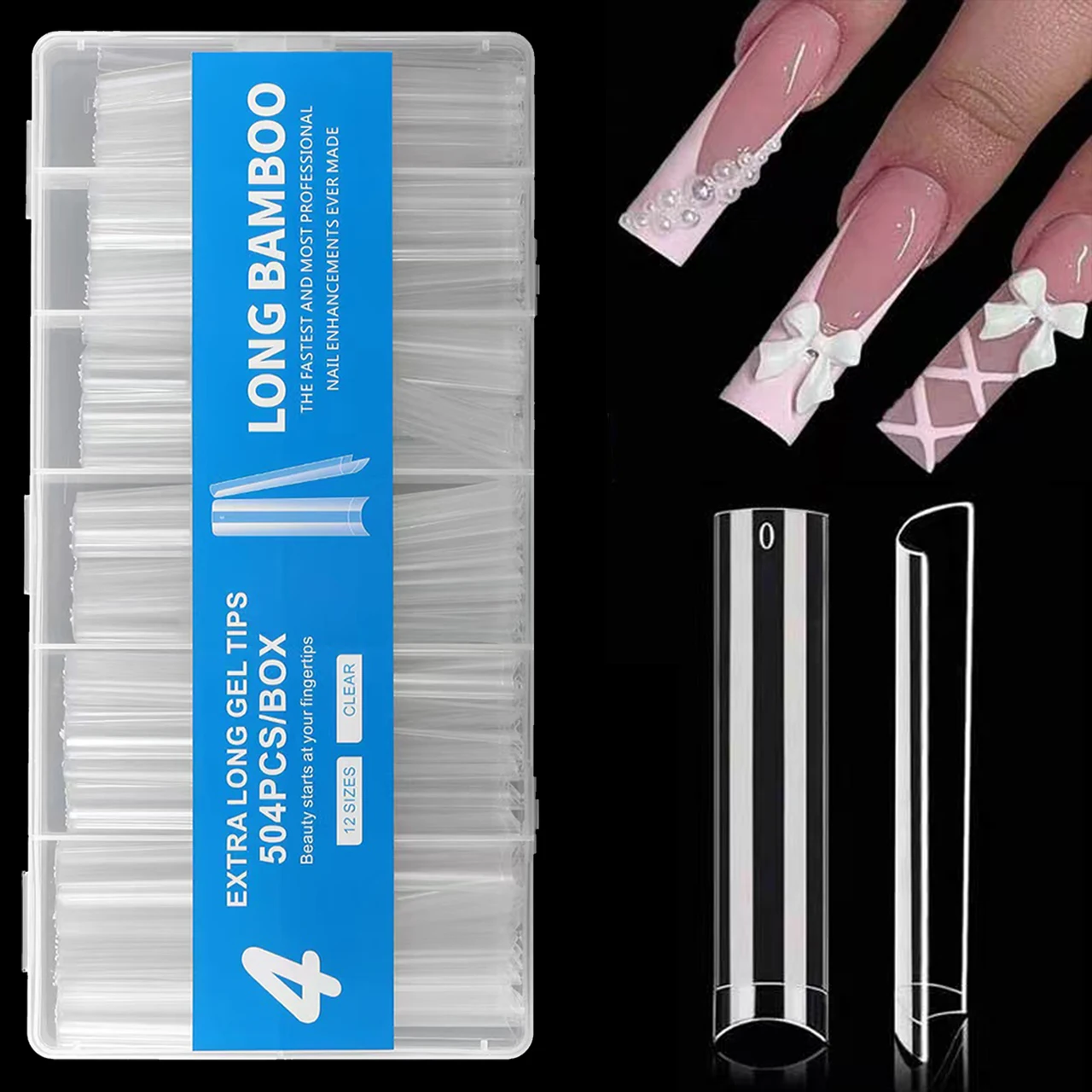 Set di punte per unghie finte trasparenti in acrilico quadrato lungo, kit di punte per unghie finte artificiali a copertura totale da 504 pezzi Premere sulle unghie, 12 dimensioni