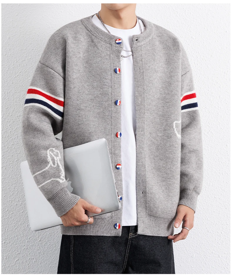 Mode süße Welpen bedruckt Pullover Jacke Herren High-End Marke farbige Streifen Design Gelegenheit Winter dicke warme runde Kragen Strickhemd – Detail 13