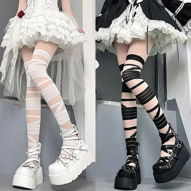 Bas en résille en maille de dentelle sexy, chaussettes hautes au genou, fleur évidée, nœud bandage JK, lolita Kawaii, bas punk, Y2K