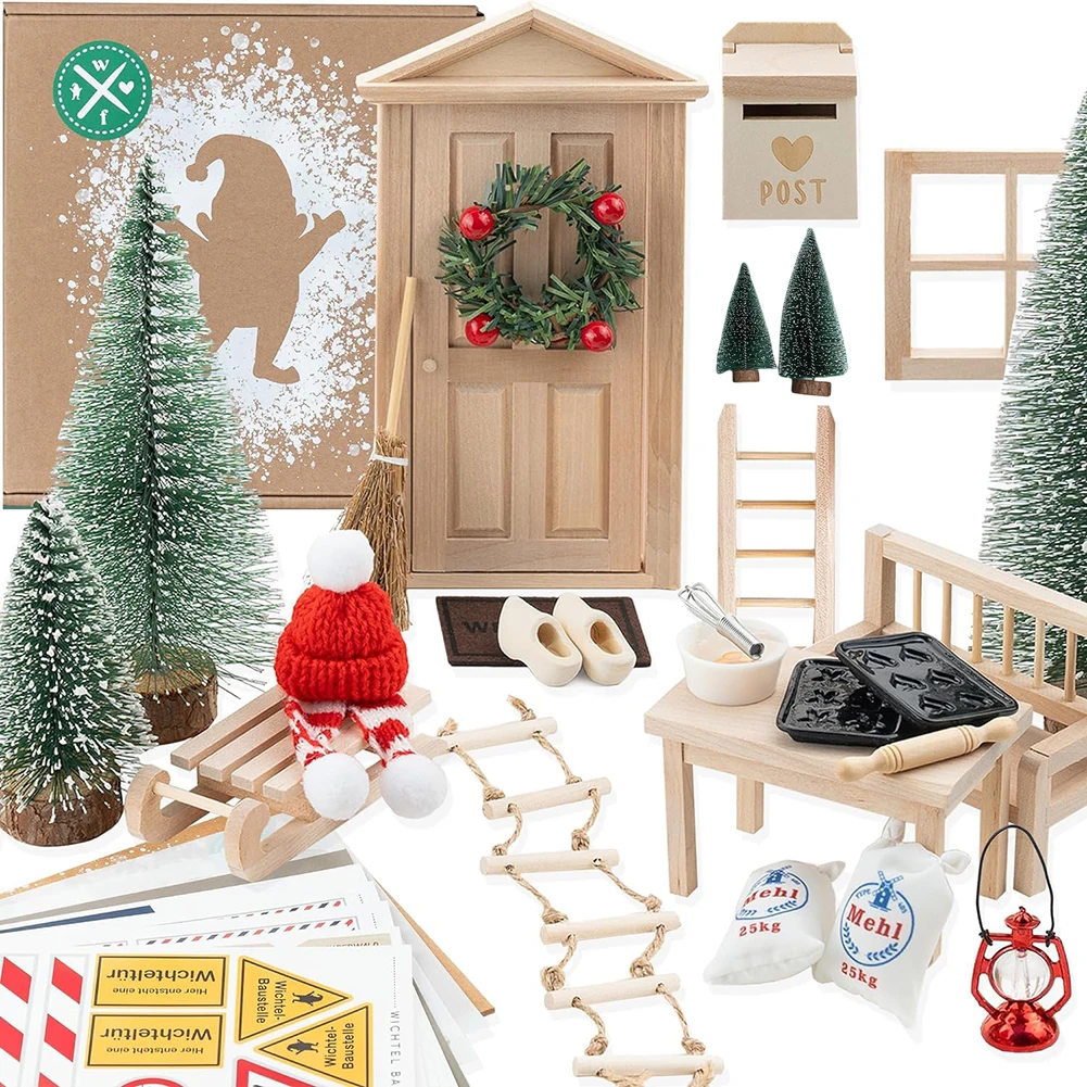 Puppenhaus Weihnachten Dekore Mini Tür Weihnachten Set Miniatur Gnom Zubehör Holz Elf Tür Set fantastische Geschenke für Kinder