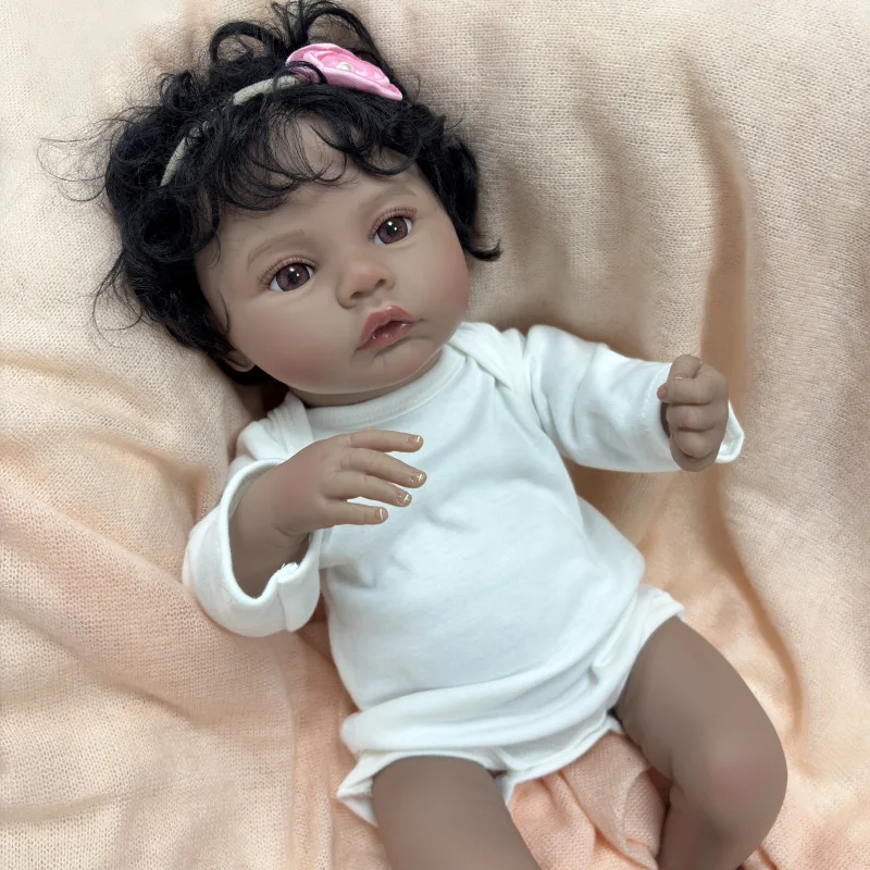 18 inch siliconen herboren babypop weide in donkere huid volledig vinyl lichaam Afro-Amerikaanse babymeisjes met zwart krullend haar Bonecas