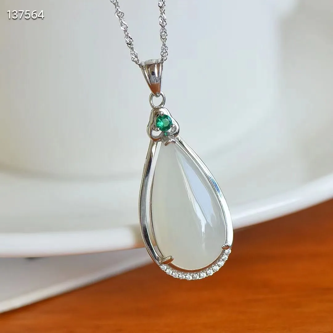 

Natural 100% real Sterling Silver necklace mosaic white hetian jade beads methods pendant jewellery for woman gifts Bless peace