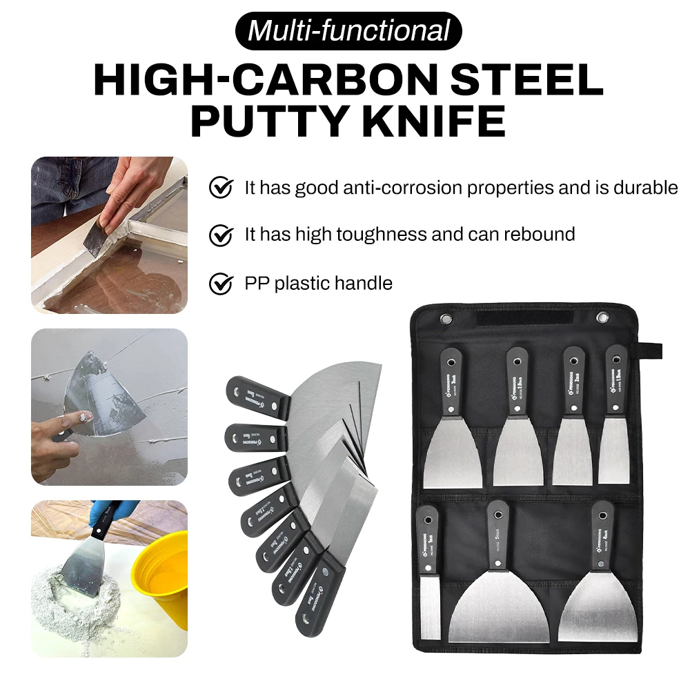 7 STKS Koolstofstaal Plamuurmessen Set Flex Gipsplaten Mes Verfschraper Kit 7 Maten Zachte Handgreep Canvas Opbergtas Inbegrepen