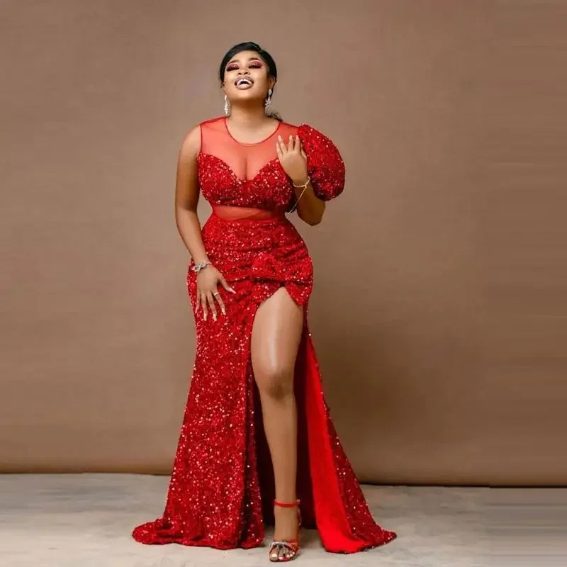 Aso Ebi Style Plus Size Side Split Evening Gowns Sheer Neck Formal Party Dress African Red Sequined Mermaid Prom Dresses