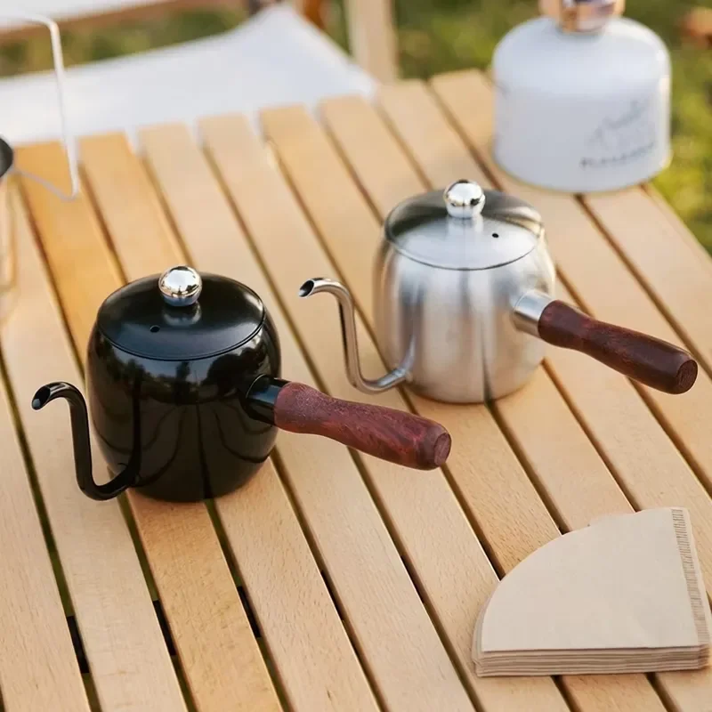 Stainless Steel Coffee Hand Brewing Pot Long Mouth Nozzle Outdoor Teapot Boiled Milk Cup with Wooden Handle