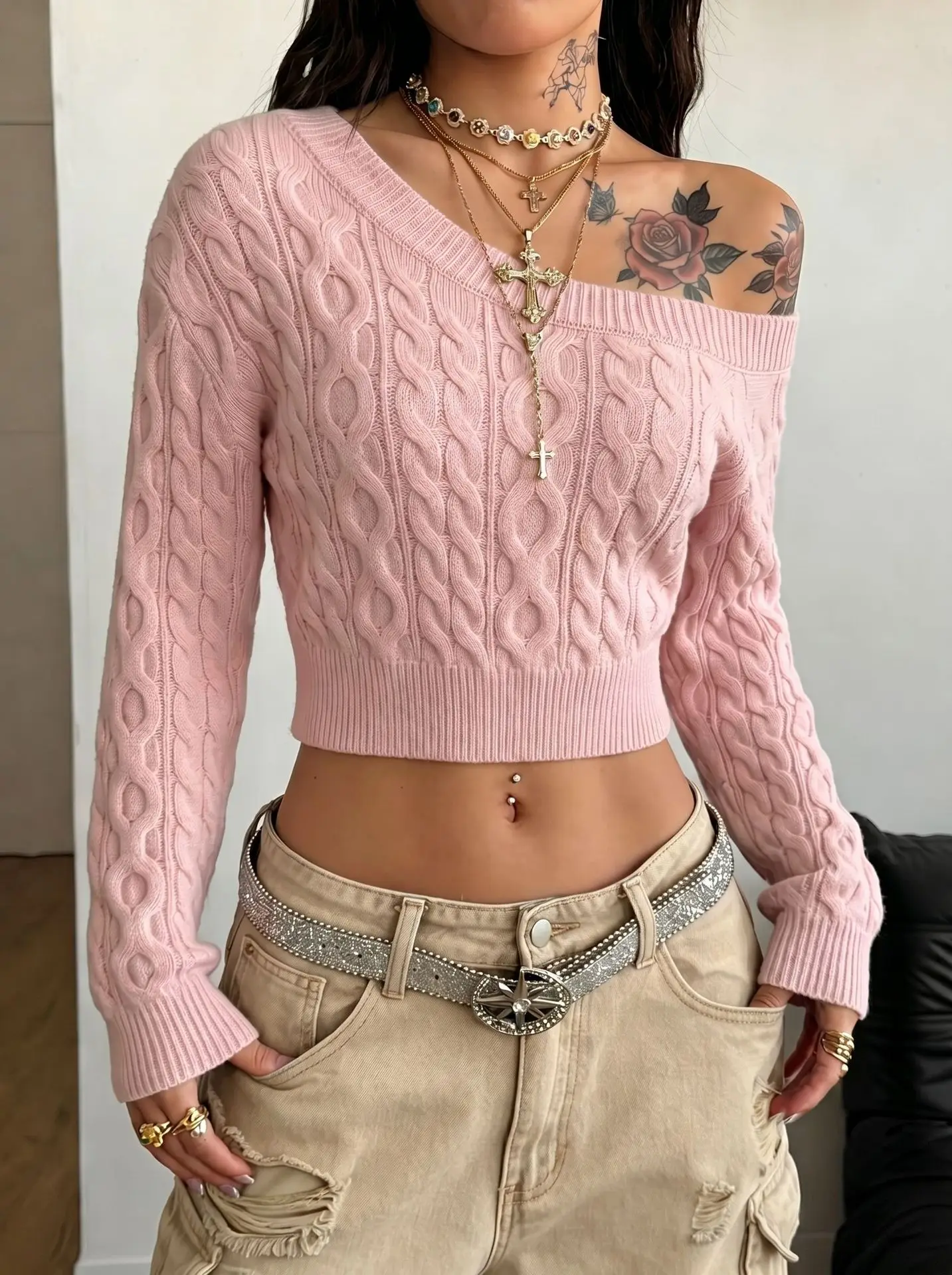 Spicy Girl Off-shoulder Cable Knit Sweater for Women, Cropped Cropped Long-sleeve Sweater, Slim and Fitting Top 6