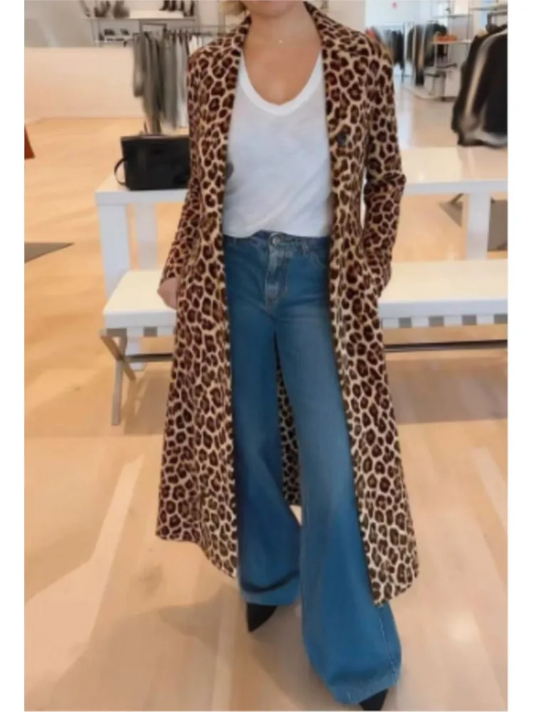 เสื้อโค้ทลายเสือดาวแฟชั่นสำหรับผู้หญิง แขนยาว ปกพับติดกระดุม สไตล์ลำลอง เหมาะสำหรับวันหยุด สตรีทแวร์ วินเทจ