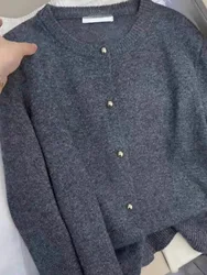 Fashion hundred round neck 100 pure cashmere knit cardigan women spring and autumn loose gray sweater short wool coat