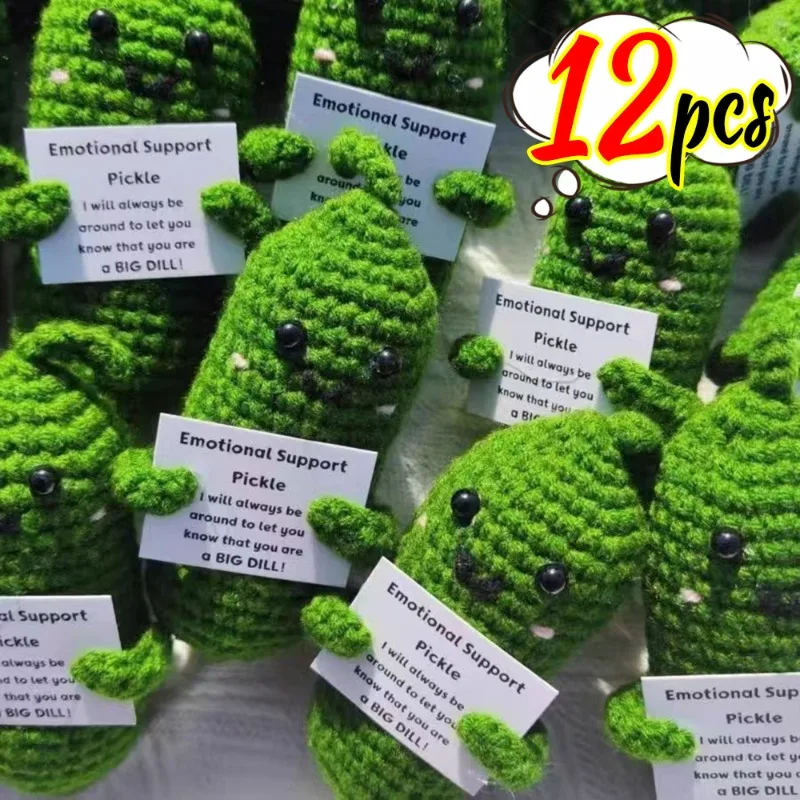 1/12PCS Crochet Positive Energy Cucumber Cute Handmade Knitted Shark Doll with Card New Year Home Ornament Birthday Craft Gift