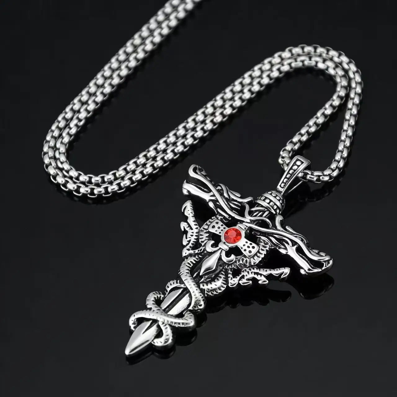 

Gothic Style Double Dragon Sword Cross Pendant Necklace With 60cm Chain For Men Women Jewelry Accessories