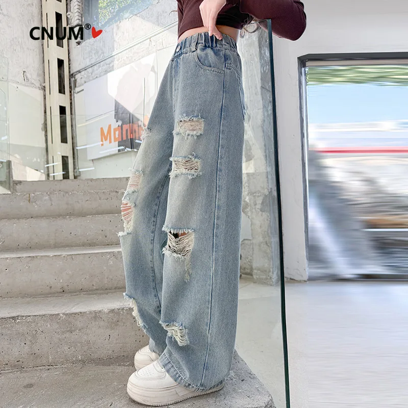 CNUM Girls' Spring 2026 New Trendy Casual Straight Leg Jeans Big Kids Loose Ripped Pants Teens