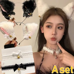 Sexy Cute Cat Ears Headband Women Girls Lace Bow Necklace Plush Bell Hairband Cosplay Halloween Party Costume Hair Accessories