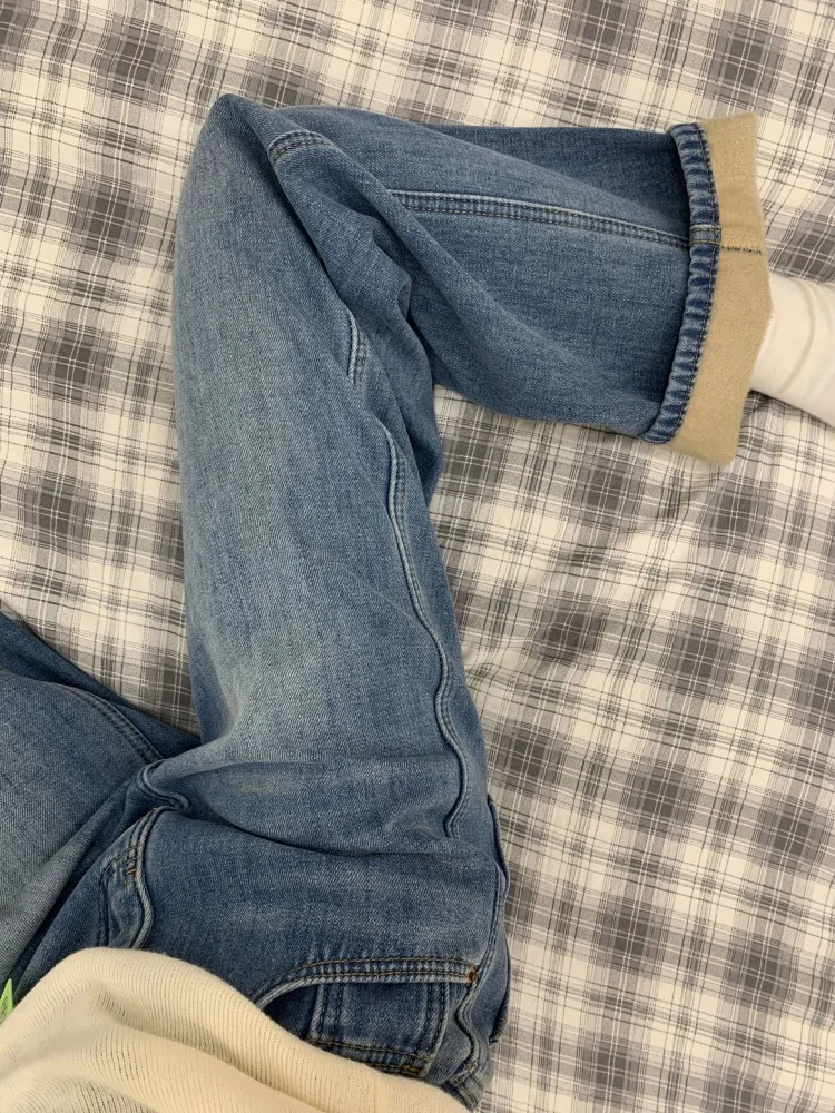 بنطال جينز ريترو Fce واسع الساق للنساء على شكل كمثرى مقاس كبير بخصر عالٍ للتخسيس وفضفاض مستقيم بطول الأرض