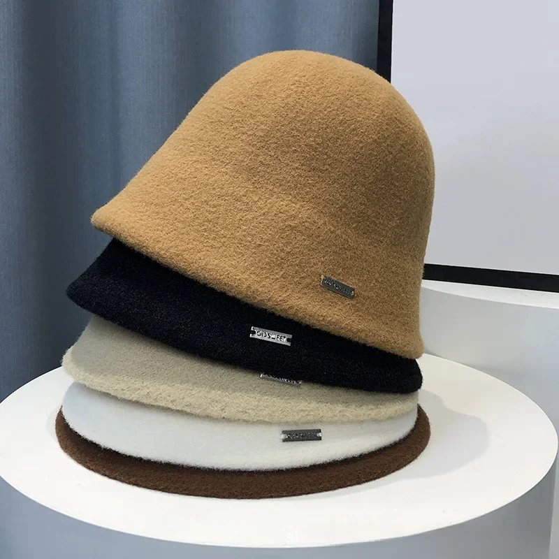 Retro Wool Bucket Hat for Women Autumn Winter Warm Fisherman Hat Outdoor Rock Climbing Warm Woolen Basin Hat