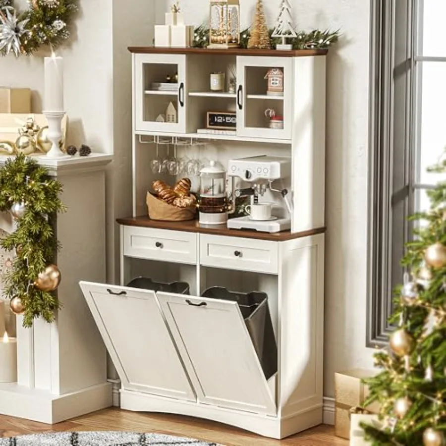 

Tilt Out Trash Cabinet with Adjustable Shelves and Drawers Wooden Freestanding Garbage Can Cabinet for Kitchen Living