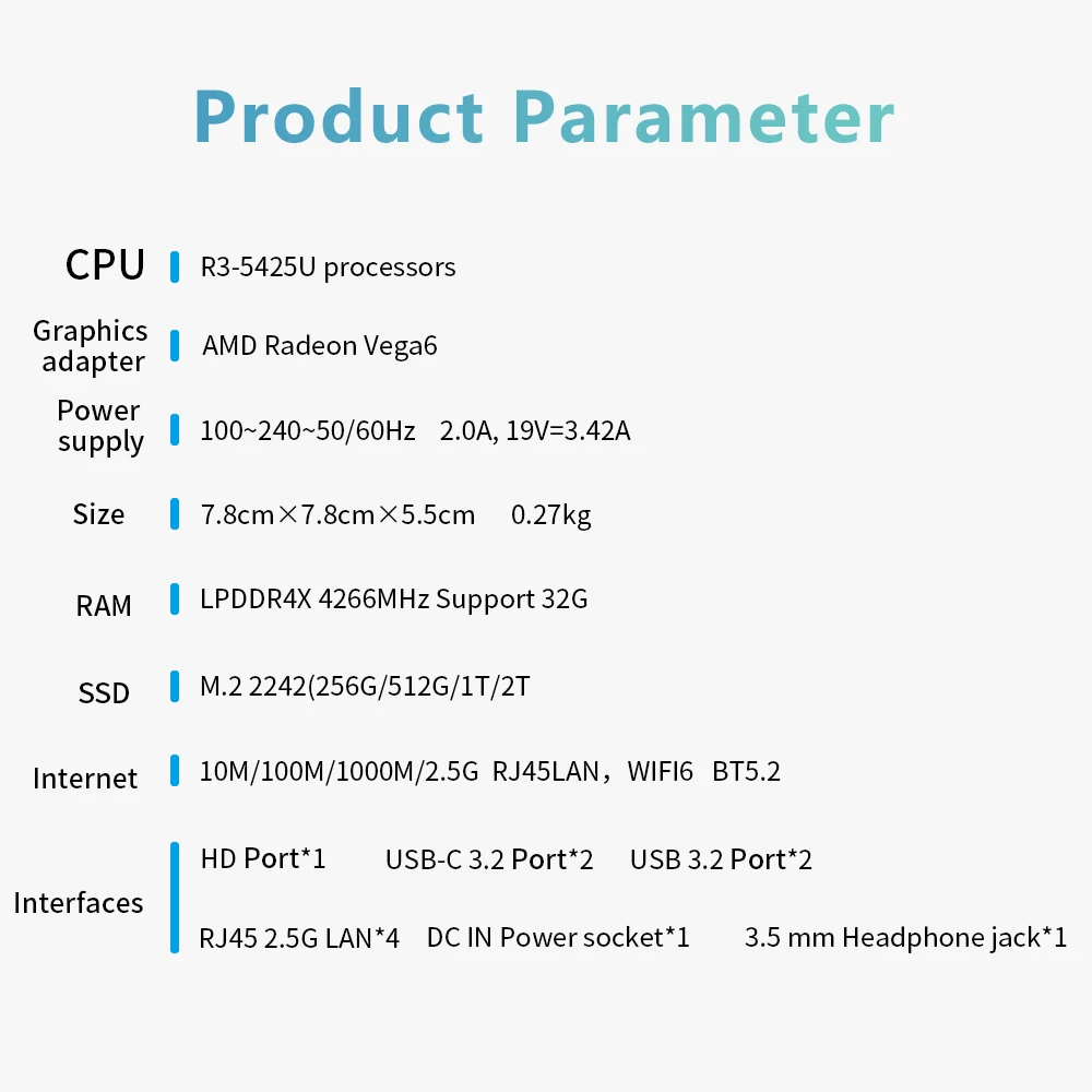 Genmachine Mini PC AMD Ryzen 3 5425U 4.1Ghz 15W Windows 11 Super Mini LPDDR4X 4266Mhz 8GB 256GB PCIe 3.0 Desktop PC da gioco fai da te