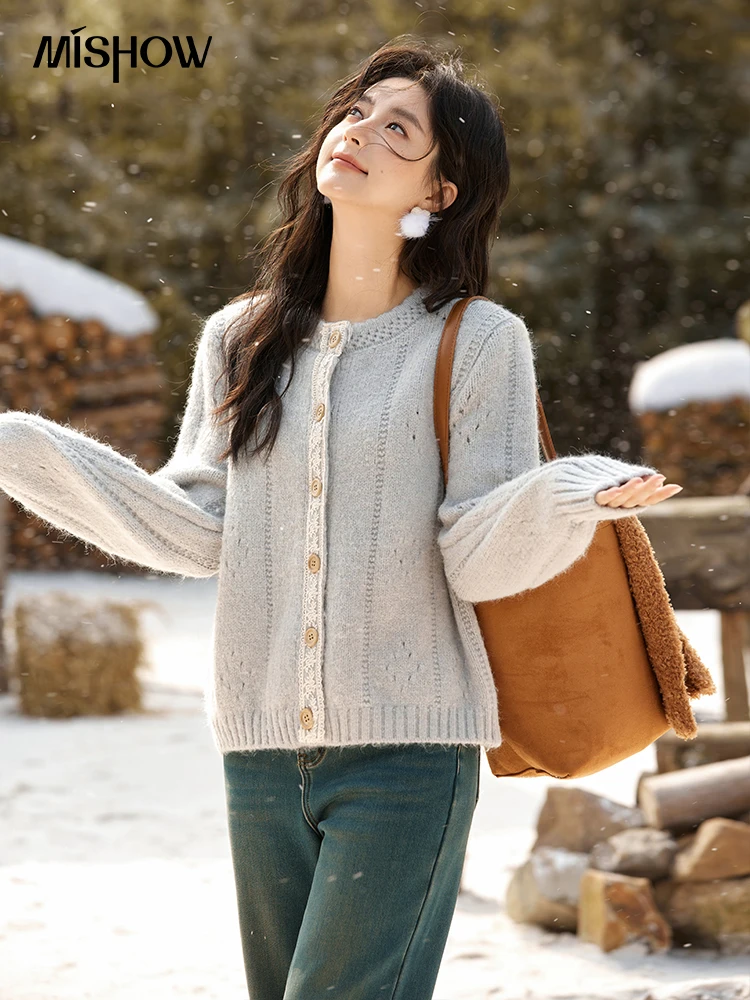 MISHOW Wool Blend Cardigan Pink Sweater 2024 Autumn Winter Women Clothes Sweet Top Knitted Sweater Outerwears MXD56Z1064