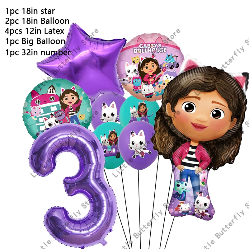 Casa de muñecas Gabby, globos con números de gatos, decoración para fiesta de cumpleaños para niños, globos de aluminio de látex, juego de globos