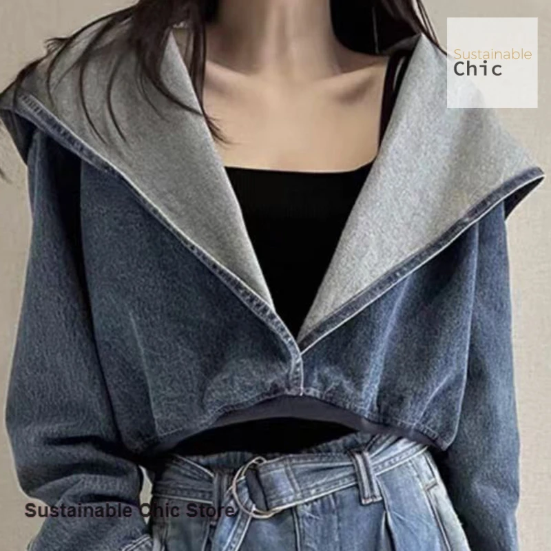 French retro cardigan casual hooded casual denim loose short jacket women's spring and autumn jacket fashion slim short jacket