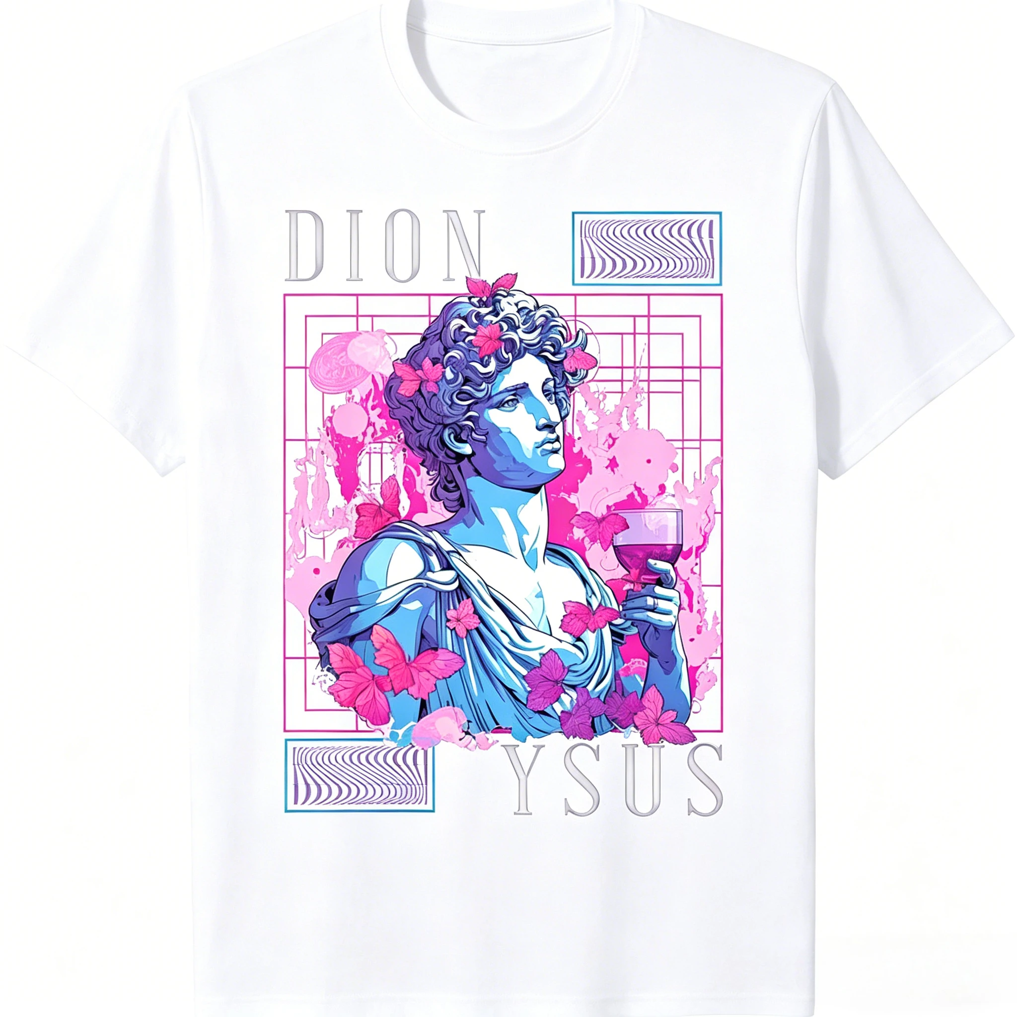 DionysusGreek Mythology Steam Wave Aesthetic Ancient Greek Men's Printed T-shirt White Cool Retro Pattern T-shirt Men's Clothing