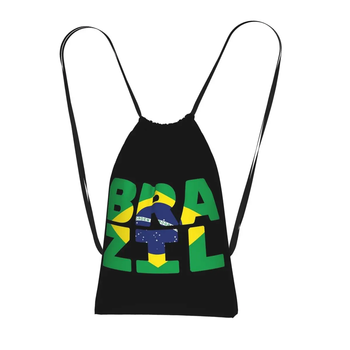 Brazil Flag Text Drawstring Backpack Sports Gym Bag Portable Travel Drawstring Bag for Men Women