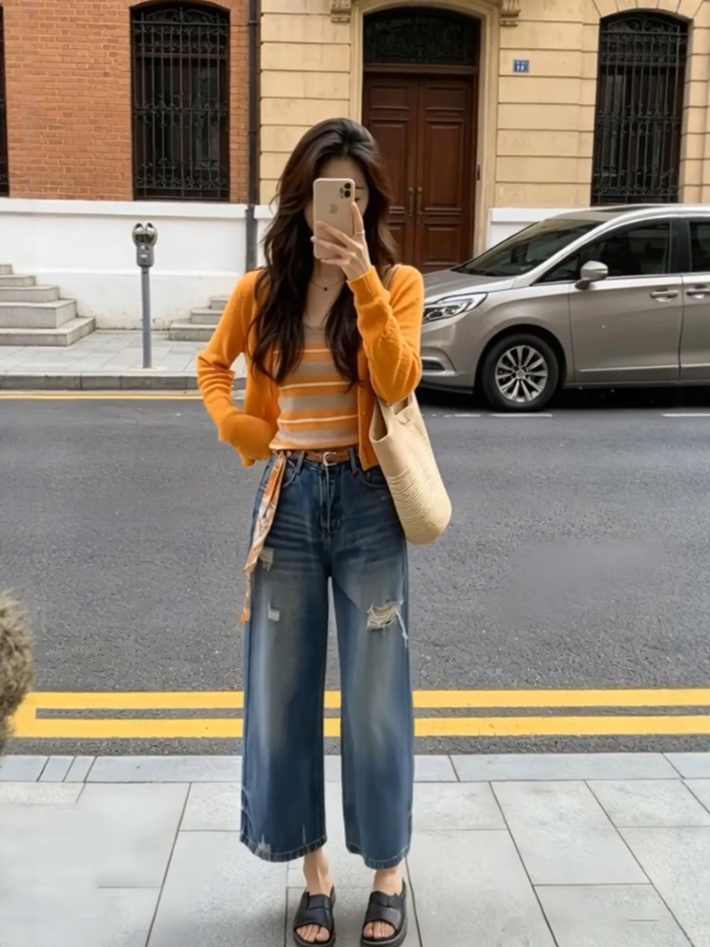 

Summer Casual Style plus Size Knitted Cardigan Tank Top Jeans Korean Style Three Piece Set High Waist Wide Leg Pants V Neck