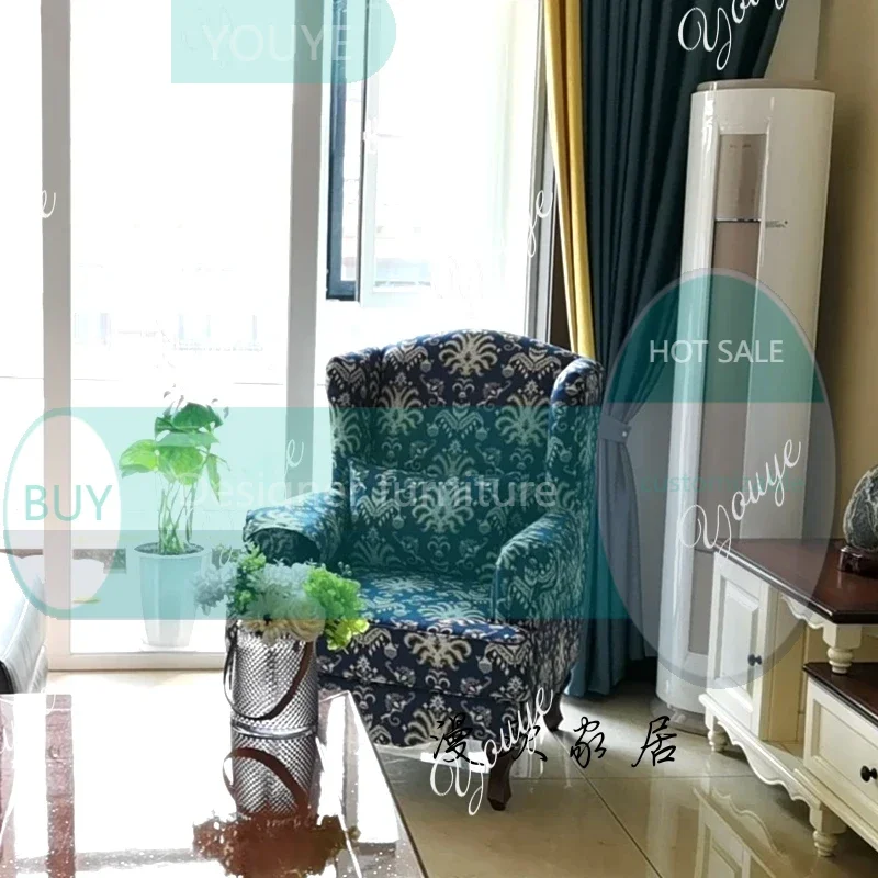 

Sc N68 American fabric high back chair bedroom leisure single sofa light luxury blue flower small apartment living room-1