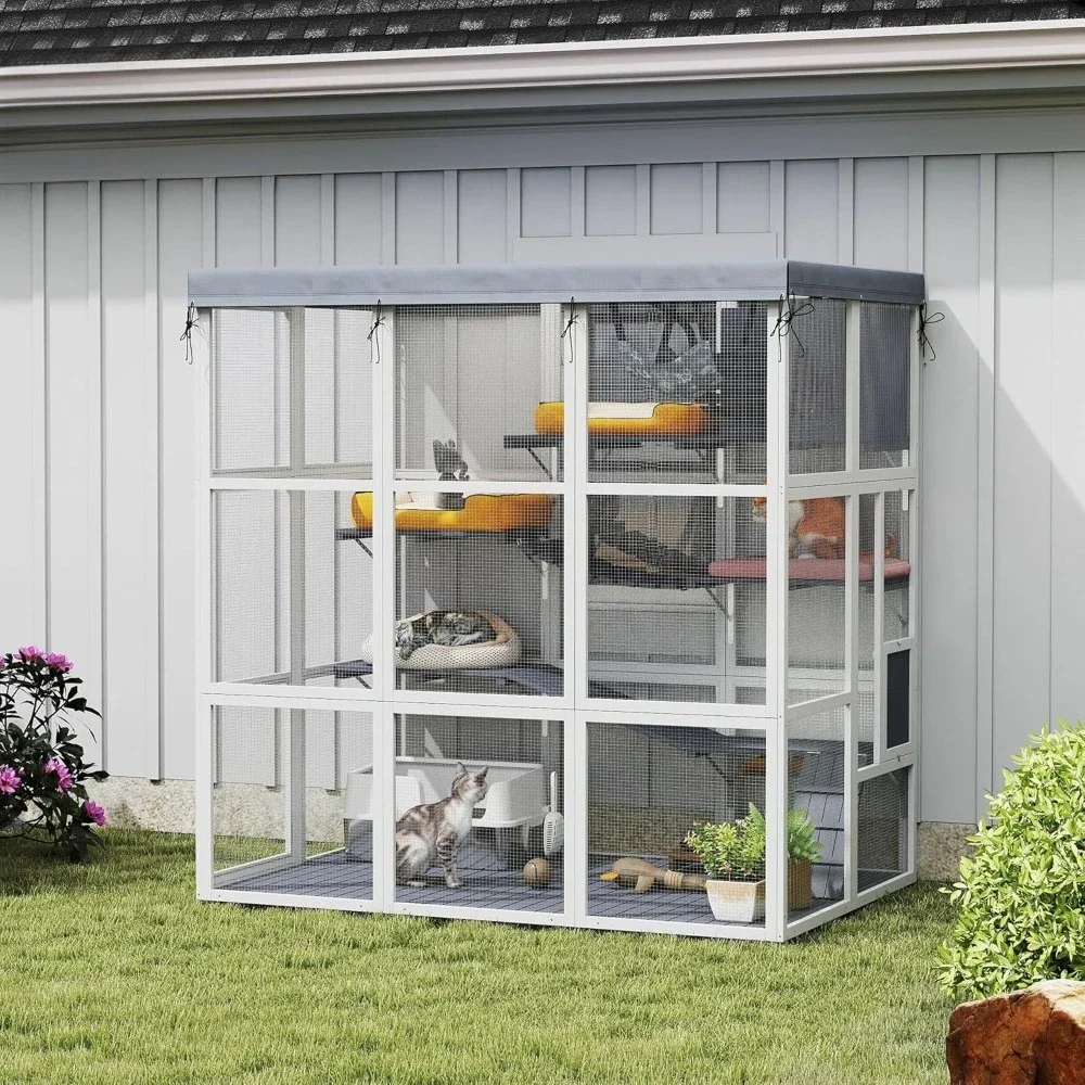 

Outdoor Cat Enclosure, Large Luxury Cat House Outside with Hammock, Condo, Jump Platforms, Ladders, Ramps, Tarp