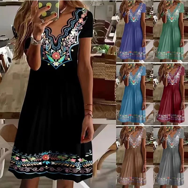 

New Ethnic Tribe Women's Wavy V-Neck Printed A Line Skirt 2025 New Summer Fashion Casual Short-Sleeved Plus Size Dress