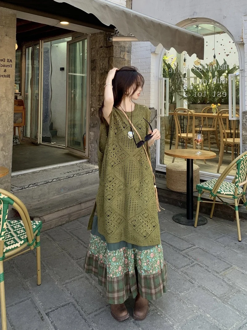 طقم تنورة ميدي محبوكة بتصميم عرقي عتيق للإجازات، مجموعة نسائية بخصر مرتفع وطباعة زهور، سترة وتنورة نصفية