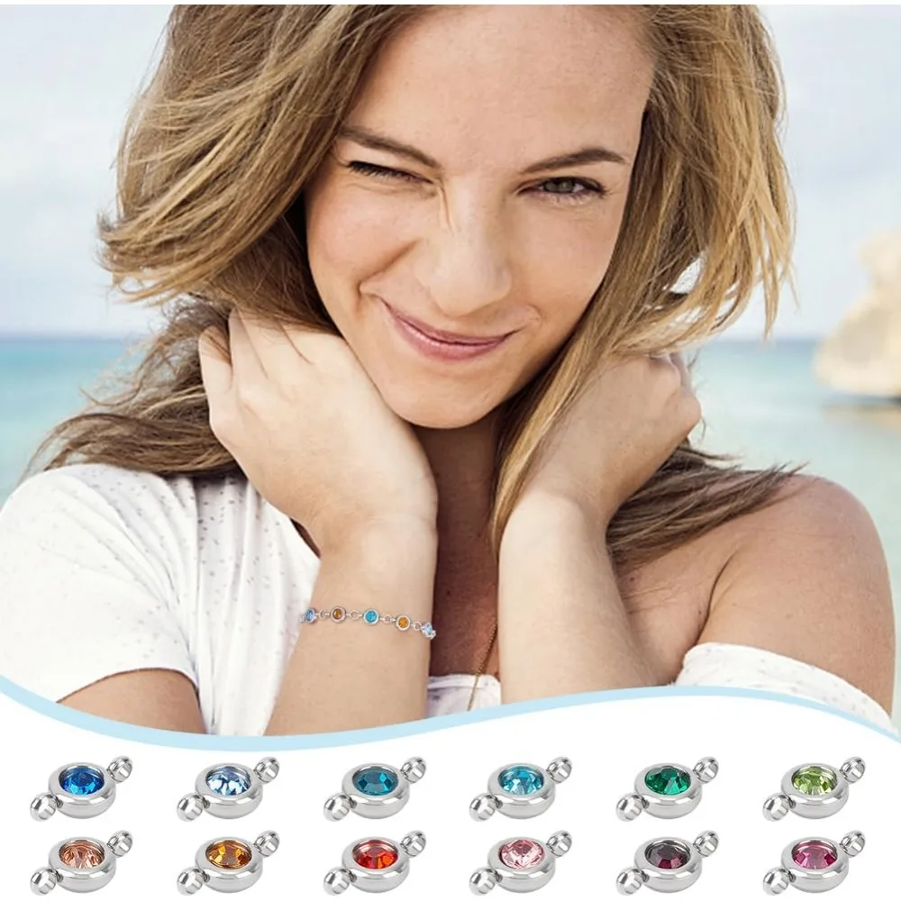 24 pz 12 colori cristallo birthstone charms acciaio inossidabile piatto rotondo strass connettore charms kit per la creazione di pietre preziose in vetro