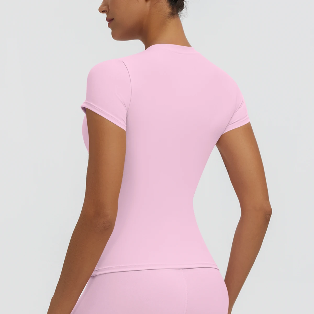 Hochelastisches, schnelltrocknendes, einfarbiges Yoga-Kurzarm-T-Shirt für Damen, Workout-Oberteil, schmal geschnittenes, lässiges Sport-, Lauf-, Fitness- und Yoga-T-Shirt. – Detail 38
