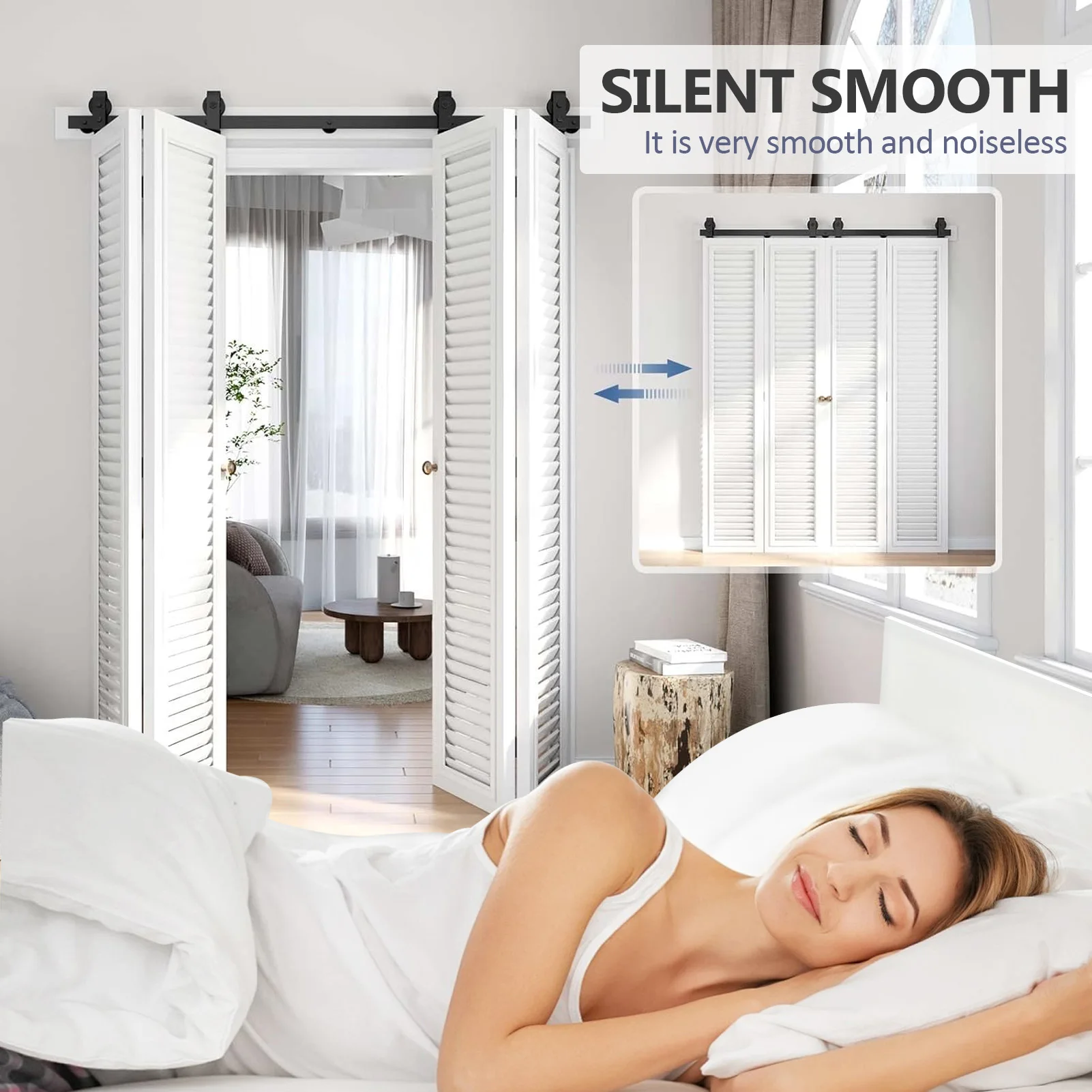 70 Zoll T-förmiges Scheunentor-Hardware-Set, Schwerlast-Schiebetür-Schienensystem mit schwarzen Rollen, Leise und Sanft für Wohnzimmer und Zuhause – Detail 10